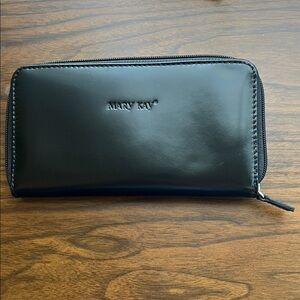 Mary Kay Black Leather Zipper Wallet with pink polka dot liner